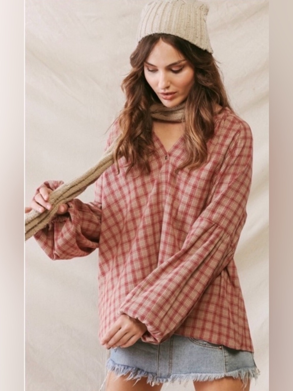 Women’s Lightweight Plaid Sand Wine V Neck Front Spring Top
